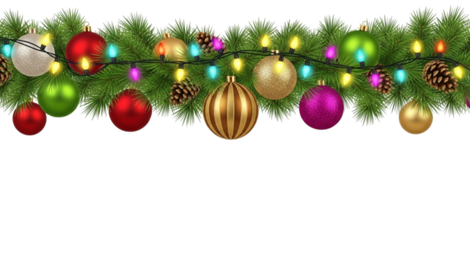Festive christmas garland with colorful ornaments and twinkling lights, isolated on transparent background, creating a joyful and decorative border for holiday designs