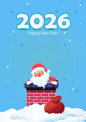 Santa Claus Climbing into Chimney to Deliver Gifts on Blue Background &ndash; Christmas Illustration