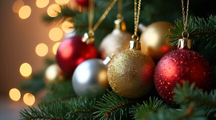Festive Christmas tree ornaments sparkle brightly