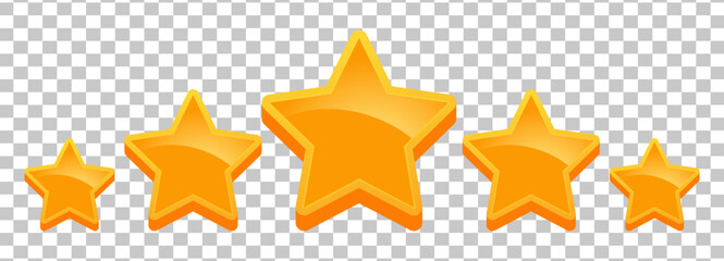 Five shiny golden stars of different sizes arranged in a row on a transparent background, representing rating or quality.