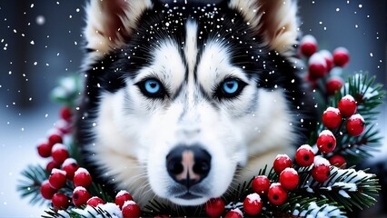 Close-up portrait of Siberian husky with striking blue eyes wearing a snowy wreath of pine branches and bright red berries in winter.