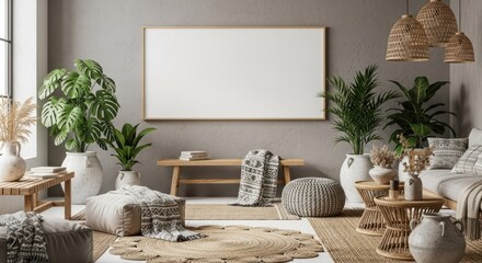 Bohemian style living room interior with a blank horizontal frame mockup on a grey wall for art display.