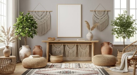 Bohemian style living room interior with a blank vertical frame mockup for art display.