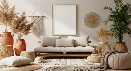 Bohemian style living room interior with a blank vertical frame mockup for art display.