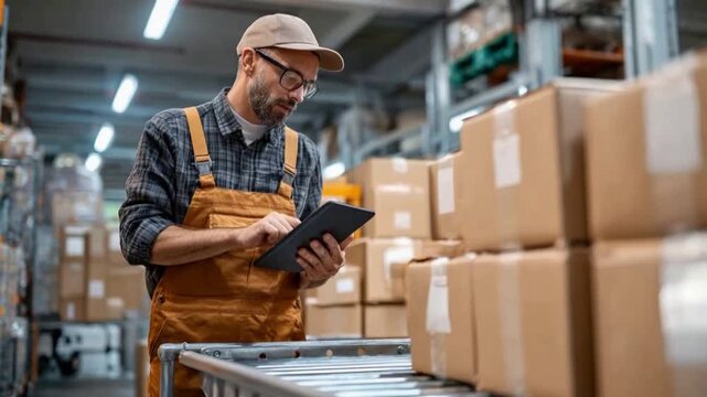 Warehouse worker with inventory: A focused warehouse worker uses a tablet to efficiently manage inventory, with stacks of boxes in the background showcasing the scale of the operation.