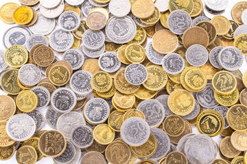 Polish Grosz Coins Scattered Across the Frame Creating a Metallic Background