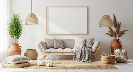 Bohemian style living room interior with a comfortable sofa and a blank mockup frame on the wall.