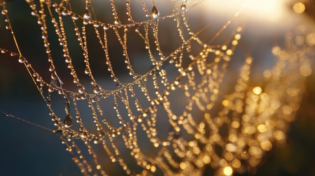 Dew drops sparkle on a delicate spider web as morning light filters through creating magic.