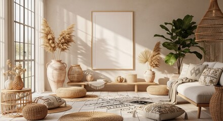 Bright and cozy bohemian style living room with a blank vertical poster frame for mockup.