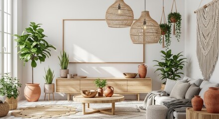 Bright bohemian living room interior with wooden furniture, houseplants, and a blank mockup frame.