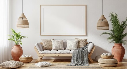Mockup frame in a cozy bohemian living room with natural wood furniture and plants.