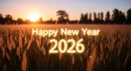 Happy new year 2026 glowing text in golden field at sunrise glow