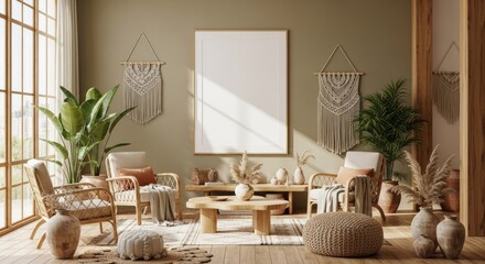 Modern bohemian living room interior with a blank poster frame mockup.