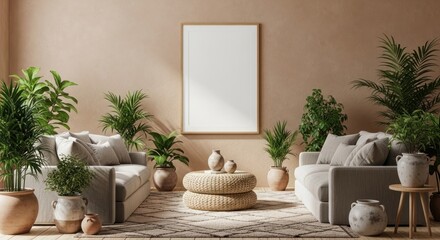 Modern living room interior with a blank poster frame mockup and many green potted plants.