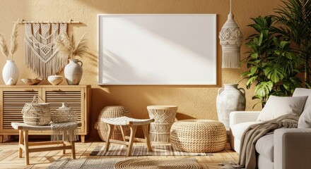 Stylish bohemian living room interior with a blank horizontal frame mockup on a beige wall.