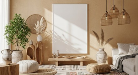 Stylish bohemian living room interior with a blank vertical frame for mockup presentation.