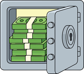 Open Safe Deposit Box with Stacks of Cash Vector Illustration