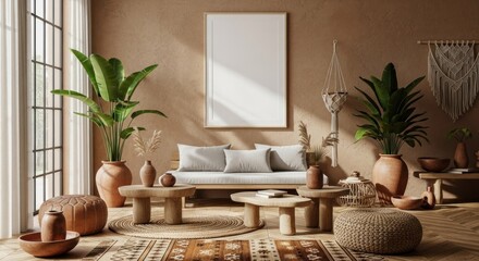 Sunlit Bohemian Living Room Interior with Mockup Frame and Natural Decor.