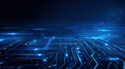 Lines of glowing circuits stretch into the distance reflecting a tech inspired realm bathed in blue.