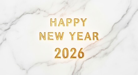 Happy new year 2026 golden text on elegant white marble backdrop.