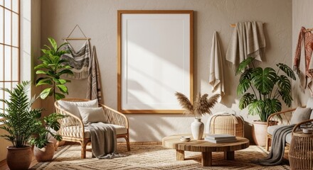 Sunlit Japandi Style Living Room Interior with Blank Frame and Houseplants.
