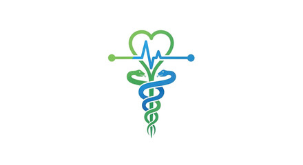 Modern medical symbol combining a caduceus staff with intertwined snakes and an electrocardiogram line forming a heart shape