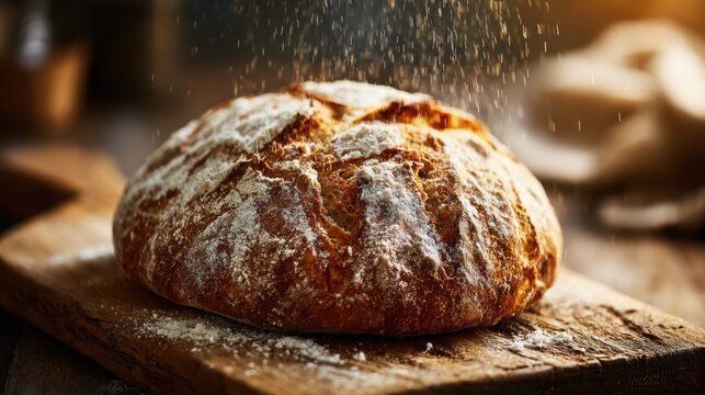 Golden crusted bread sits on a rustic wooden board dusted with flour evoking warmth and comfort.