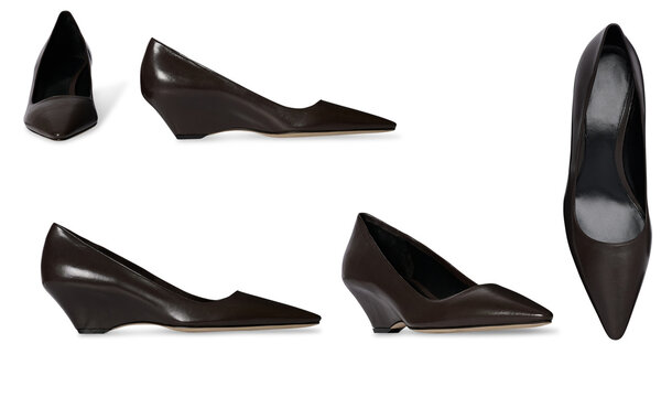 Set Of Women’s Dark Brown Stylish heel flat shoe, glossy patent leather finish, stylish and comfortable footwear for casual and formal wear wedge sandal, transparent background. - Powered by Adobe