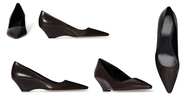 Set Of Women’s Dark Brown Stylish heel flat shoe, glossy patent leather finish, stylish and comfortable footwear for casual and formal wear wedge sandal, transparent background.