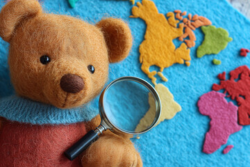 Colorful Felt Map and Teddy Bear Explorer with Magnifying Glass. Early Geography for Kids.
