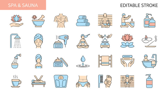 Discover a sleek line vector collection of modern spa, sauna, and wellness icons, perfect for illustrating health, beauty, and relaxation concepts with a clean, editable design