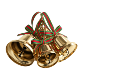 Three gold christmas bells with red and green ribbon isolated on transparent background