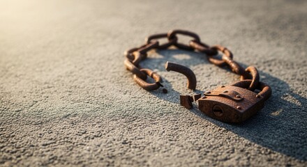A broken rusty chain and padlock symbolizing freedom and liberation. International day for the abolition of slavery concept