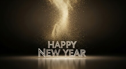 Happy new year message with festive golden particles falling down