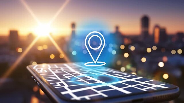 A smartphone displays a clear map as the sun sets in the background, illuminating the cityscape. This scene reveals a vibrant and modern urban setting filled with technology.