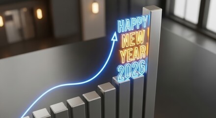 Happy new year 2026 growth chart showing glowing upward trend