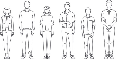 Standing people outline characters in casual clothing, diverse male and female figure set for lifestyle concept design and presentation, flat vector illustration