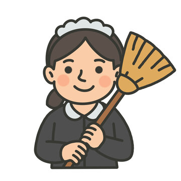 Hand draw housekeeper cartoon character with broom