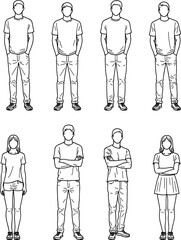 Standing people outline characters wearing casual clothing, diverse male and female full body figure set for lifestyle concept and design use, flat vector illustration