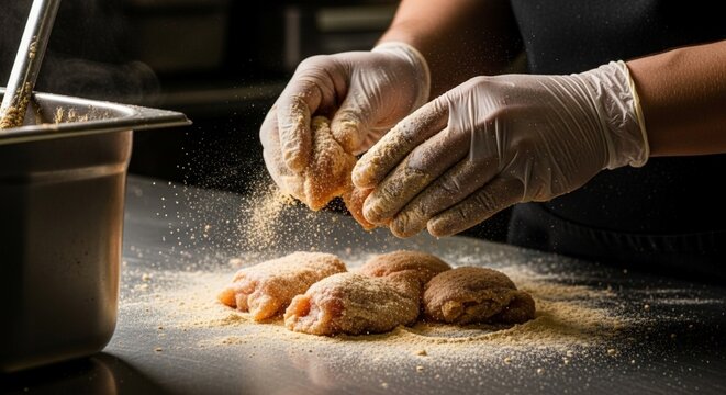Chef preparing food in the kitchen, dusting dough with flour.