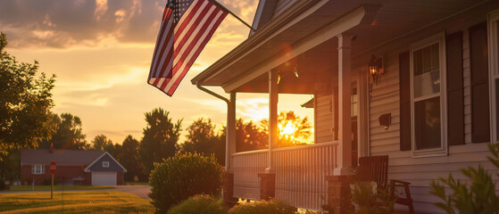 A United States flag flutters outside a home in a quiet suburban street, glowing warmly in the golden evening light.