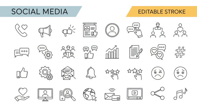 Modern minimalist vector line icons depicting social media interaction, business networking, digital communication, and online engagement concepts for contemporary graphic design projects