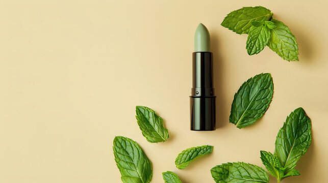 Natural mint green lipstick surrounded by fresh peppermint leaves on beige background, representing organic beauty and skincare products.