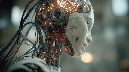 A humanoid robot features an elegant design with visible wires and glowing elements. It stands in a modern tech setting, showcasing advanced technology and innovation.