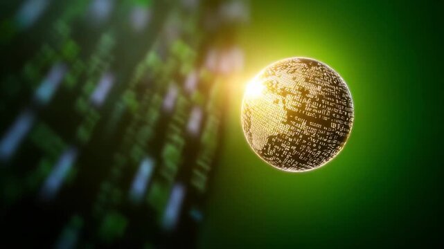 Global Data Connectivity: a spherical representation of the earth, intricately embedded with digital connections, against a dynamic backdrop of informational data points.