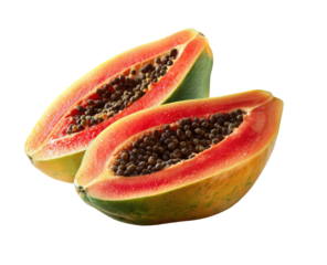Two halves of a papaya, vibrant red-orange flesh, dotted with dark seeds, and pale yellow-green rind