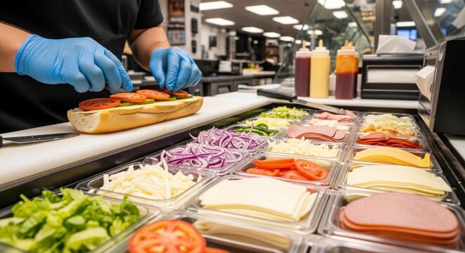 Subway sandwich being made with various ingredients on display. - Powered by Adobe