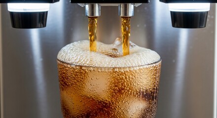 Close-up of soda being poured into a glass with ice from a soda fountain.