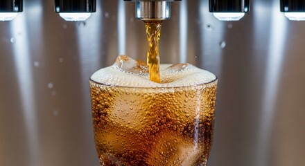 Soda fountain pouring cola into a glass with ice cubes.