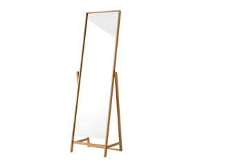 Full length wooden mirror on a sturdy stand for elegant home decor.